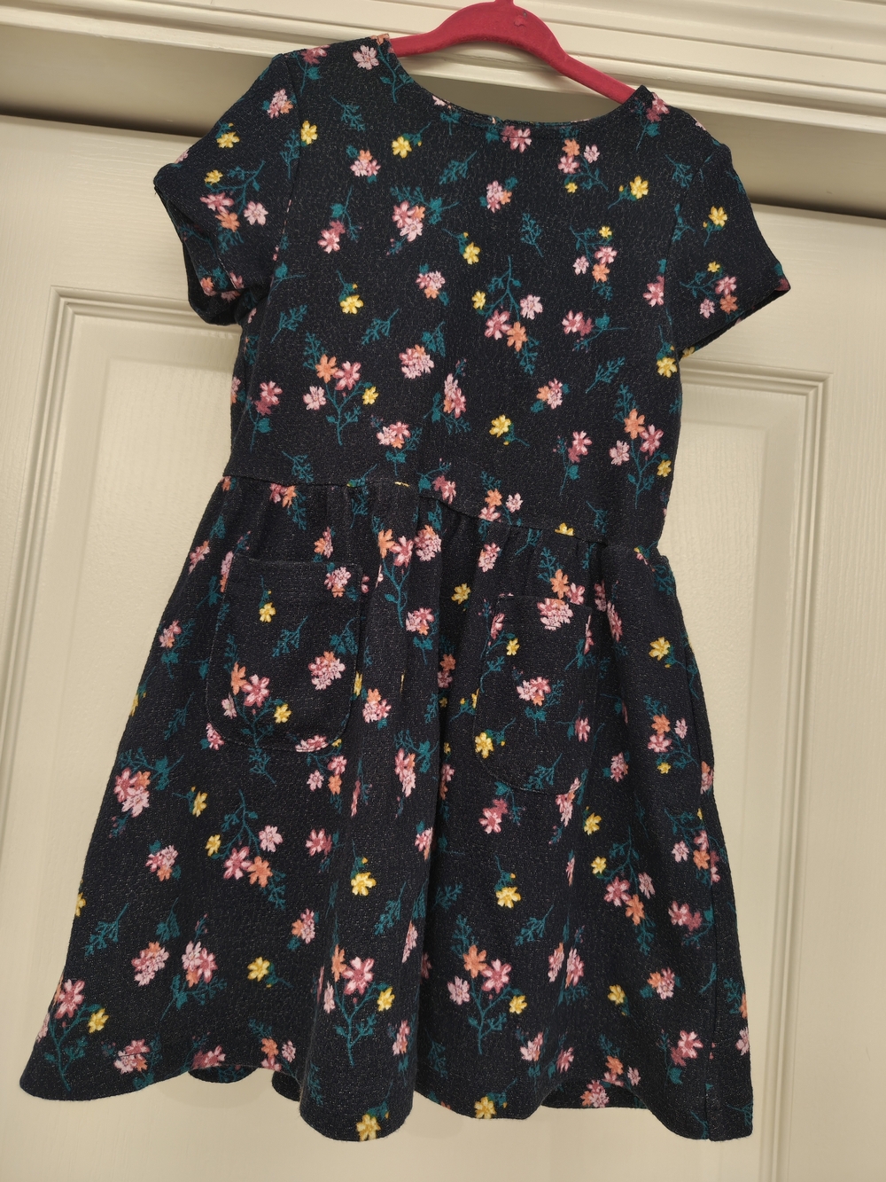 Girls Navy Floral Short-Sleeve Dress with Pocket